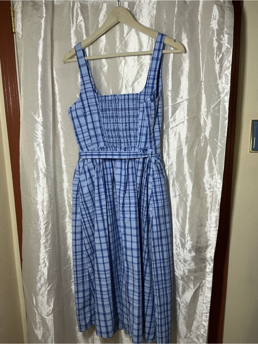 Smocked Blue Plaid Midi Dress with Tie Waist